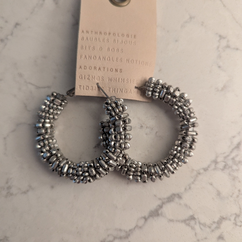 Anthropologie Metallic Beaded Hoop Earrings. 1.38 Inches In Diameter - Picture 3 of 8